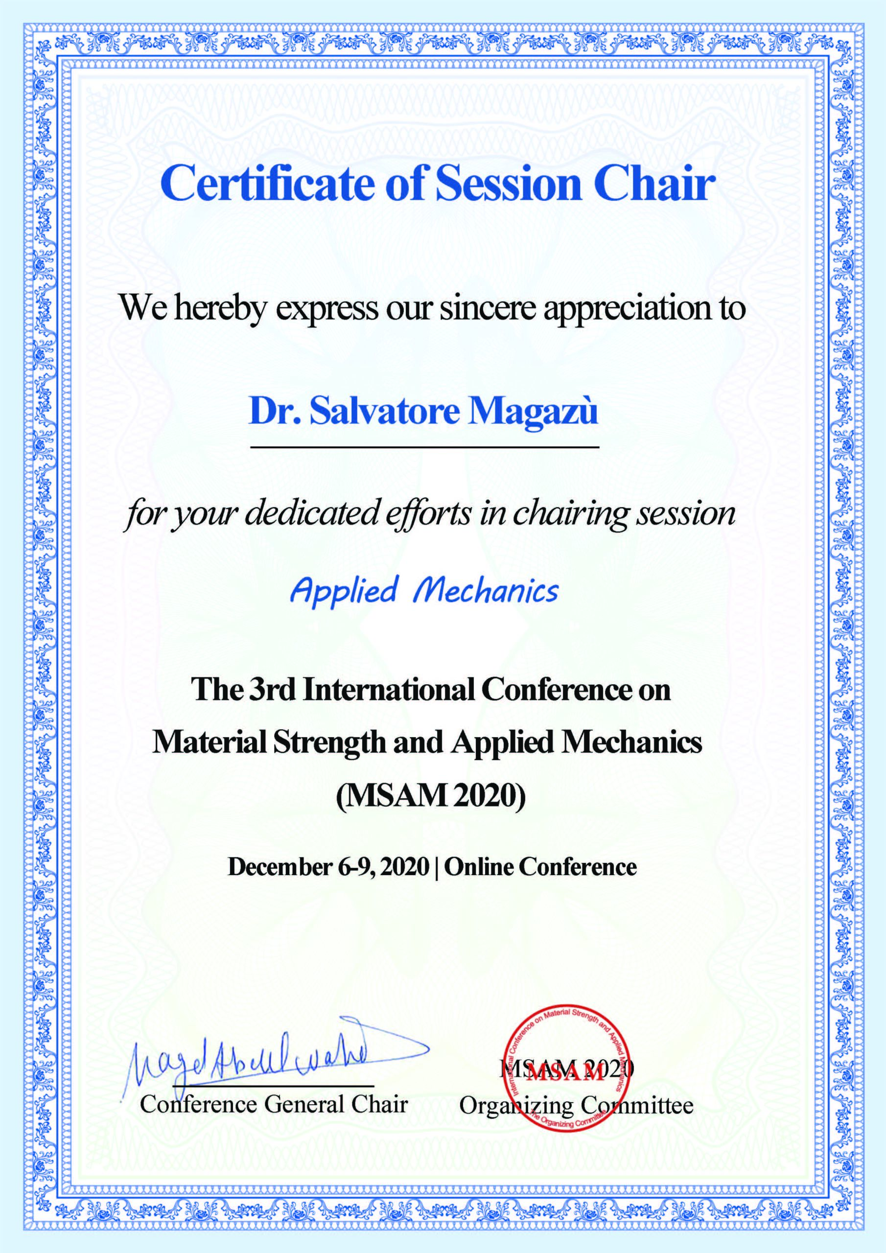 Certificate Conference on Material Strenght and Applied Mechanics